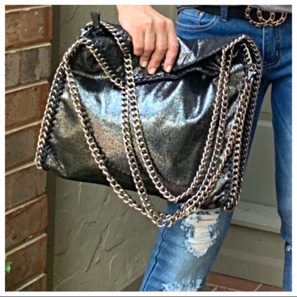 ✨LAST ONE✨Distressed vegan Leather Paris Chain Dark Grey Fashion Stylish… - Picture 2 of 7